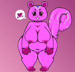 anthro areola belly big_breasts big_butt breasts butt darkened_genitalia darkened_sheath exposed_breasts female fur genitals gesture glistening glistening_body glistening_eyes hanging_breasts heart_symbol lips looking_at_viewer markings navel nipples overweight overweight_female pink_background pink_body pink_eyes pink_fur pink_nipples pink_skin plump_labia purple_markings pussy red_eyes simple_background slightly_chubby slightly_chubby_female smile solo thick_thighs white_markings wide_hips alekoin animal_crossing nintendo peanut_(animal_crossing) pink_theme