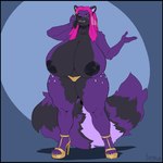 anthro areola big_breasts breasts clothed clothing ear_piercing ear_ring female footwear fur hair high_heels huge_breasts nipples panties piercing pink_hair purple_body purple_fur ring_piercing shoes solo topless underwear greasymojo dj50 abelia_(dj50) mammal 2022 hi_res