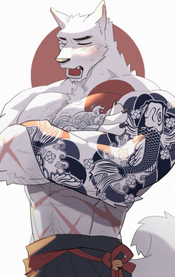 claws eyebrows eyes_closed fangs fur japan_flag light male scar sunlight tail tattoo teeth white_body white_fur hachi_duchi canid canine mammal 2021 hi_res