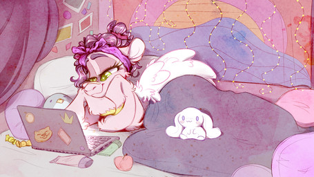 apple band-aid band-aid_on_face band-aid_on_nose bandage bandage_on_face bandage_on_nose bed bedding bedroom blanket candy computer dessert electronics eyebrows eyelashes feathered_wings feathers female feral food fruit fur furniture green_eyes hair hooves laptop looking_down pillow pink_body pink_fur plant plushie purple_hair smile solo wings wacky-skiff hasbro mlp_g5 my_little_pony mythology pipp_petals_(mlp) equid equine mammal mythological_creature mythological_equine pegasus 16:9 2022 digital_media_(artwork) hi_res widescreen