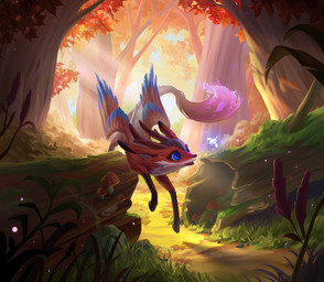 ambiguous_gender autumn blue_body blue_eyes blue_feathers day detailed_background feathered_wings feathers feral forest fungus fur grass horn open_mouth outside plant red_body red_fur solo tree tree_stump wings petrinda_wiyugo arcane_tinmen dragon_shield mythology canid canine dragon fox hybrid mammal mythological_creature mythological_scalie scalie 2023 digital_media_(artwork) hi_res