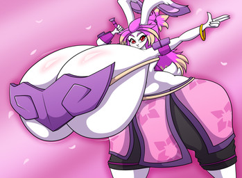 anthro big_breasts blush bracelet breasts eyebrows female fur hair huge_breasts hyper hyper_breasts jewelry melee_weapon pink_eyebrows pink_hair red_eyes solo sword weapon white_body white_fur wristband ultrazeta120 gunfire_reborn tao_(gunfire_reborn) lagomorph leporid mammal rabbit hi_res