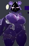 anthro armor big_breasts breasts cloak clothing eye_scar facial_scar female gauntlets gloves handwear hood huge_breasts question_mark scar solo speech_bubble thick_thighs wide_hips xexeezy epic_games fortnite raven_team_leader bear mammal hi_res