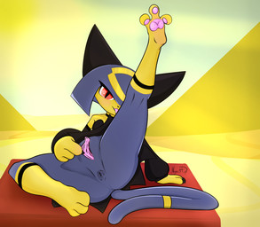 anthro anus big_clitoris black_nails clitoris colored_nails feet female genitals looking_at_viewer nails pawpads paws personal_grooming red_eyes solo spread_toes spread_vulva spreading tail toes vulva nyx_hdp palworld pocketpair pal_(species) sekhmet_(pal) hi_res