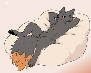 anthro bandage bandaged_arm bean_bag chest_tuft crotch_tuft fluffy fluffy_tail fur grey_body grey_fur lying male on_back orange_body orange_eyes orange_fur pawpads paws solo tail tuft fluffyllamaboi casualties:_unknown humanoid absurd_res hi_res
