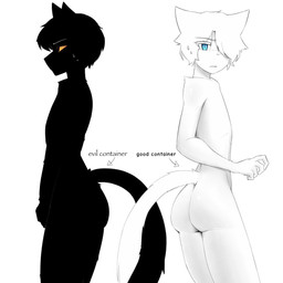 black_body black_hair blue_eyes blush bodily_fluids butt covering covering_crotch covering_penis duo femboy hair looking_at_viewer looking_away male male/male nude simple_background slim_male small_waist sweat tail text white_body white_hair yellow_eyes dullanboi evil_container kiran_mann_(dullanboi) ming_yue_chen_(dullanboi) felid feline humanoid mammal 1:1 english_text hi_res meme