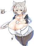 big_breasts biped blush bodily_fluids bottomwear breasts chakram chest_gem cleavage clothed clothing female fingerless_gloves fully_clothed gem gloves grey_hair hair handwear huge_breasts inner_ear_fluff lactating lactating_through_clothing light_body light_skin milk nipple_outline skirt solo_focus spit-take thick_thighs tuft wet wet_clothing wide_eyed yellow_eyes zozo_draws nintendo xenoblade_(series) xenoblade_chronicles_2 xenoblade_chronicles_3 mio_(xenoblade) nia_(xenoblade) animal_humanoid blade_(xenoblade) cat_humanoid felid felid_humanoid feline feline_humanoid gormotti humanoid mammal mammal_humanoid 2022 absurd_res hi_res