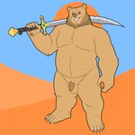 absurd_res anthro arm_tuft bald balls barbarian bear beard belly_tuft brown_bear brown_beard brown_facial_hair chest_tuft claws elbow_tuft facial_hair feet finger_claws flaccid foreskin fur gem genitals greatsword hi_res holding_melee_weapon holding_object holding_sword holding_weapon humanoid_genitalia humanoid_hands humanoid_penis knee_tuft leg_tuft male mammal melee_weapon nude overweight overweight_anthro overweight_male pawpads penis quasarbearcat scar shoulder_tuft simple_background smile smiling_at_viewer solo standing sword syrian_bear tan_body tan_fur teeth toe_claws tuft ursine weapon white_claws yellow_eyes