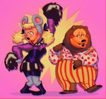 anthro blush brown_body brown_fur clothed clothing duo eye_contact female flirting fur hair holding_object looking_at_another male overweight overweight_anthro overweight_male pink_background simple_background smile daisiloou creative_engineering_incorporated showbiz_pizza_place the_rock-afire_explosion billy_bob_brockali mitzi_mozzarella bear brown_bear grizzly_bear mammal mouse murid murine rodent ursine digital_media_(artwork) hi_res traditional_media_(artwork)