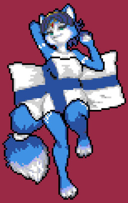 anthro blue_body blue_fur blue_hair breasts crown female finland finnish_flag flag fur hair headgear solo tiara derous nintendo star_fox krystal_(star_fox) canid canine fox mammal absurd_res digital_media_(artwork) hi_res pixel_(artwork) wplace_(artwork)
