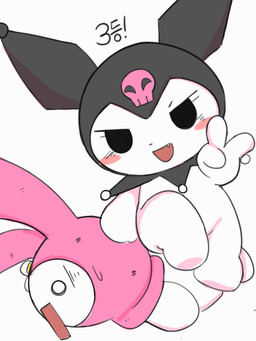 anthro black_clothing black_eyes black_headgear black_headwear black_hood blush blush_stickers bodily_fluids clothing cute_fangs duo fangs female female/female female_anthro flower flower_accessory fur gesture hand_gesture headgear headwear looking_at_viewer lying on_front open_mouth open_smile pink_blush pink_clothing pink_headgear pink_headwear pink_hood plant print_clothing print_headgear print_headwear print_hood purple_nose simple_background sitting sitting_on_another skull_print small_nose smile surprised sweat teeth v_sign white_background white_body white_eyes white_flower white_fur young young_anthro young_female 32up onegai_my_melody sanrio kuromi my_melody demon lagomorph leporid mammal rabbit 2022 3:4 digital_drawing_(artwork) digital_media_(artwork) hi_res shaded simple_shading