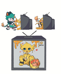 ambiguous_gender electronics grey_background heart_symbol latex male masturbation multiple_panels pawpads paws seductive simple_background slime smile smiling_at_viewer solo television tentacles yellow_body comictf yumo_jiang mai_ji_(golden_eagle_cartoon) mythology yumo_(yumo_jiang) alien dragon humanoid latex_creature living_latex mythological_creature mythological_scalie scalie 2026 absurd_res hi_res