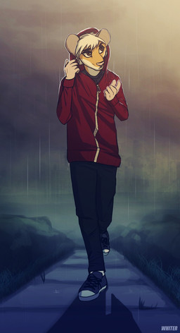 anthro black_bottomwear black_clothing black_pants bottomwear brown_eyes clothed clothing front_view glistening glistening_eyes hair jacket looking_aside male mouth_closed outside pants pink_nose raining red_clothing red_jacket red_topwear solo topwear walking white_body white_hair yellow_body unknowhiter mammal rodent 2015 full-length_portrait hi_res portrait