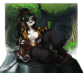 breasts cleavage cloth clothed clothing curvy_figure drunk female forest forest_background fur hair looking_at_viewer medium_breasts messy_hair multicolored_body multicolored_fur nature nature_background plant resting rock smile solo substance_intoxication topwear tree two_tone_body two_tone_fur vest marcie_montis blizzard_entertainment warcraft bai-joo bear mammal pandaren absurd_res hi_res