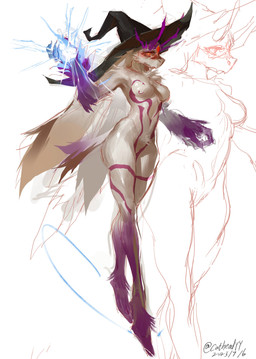 anthro belly_tuft breasts chest_tuft clothing featureless_breasts featureless_crotch female floating fur gloves_(marking) hat hat_only headgear headgear_only headwear headwear_only leg_markings long_ears magic magic_user markings medium_breasts mostly_nude purple_markings red_eyes simple_background slim socks_(marking) solo tail tall tuft white_body white_fur witch_hat yellow_sclera catheadyy atlyss carbuncle_(atlyss) absurd_res colored full-length_portrait hi_res portrait shaded