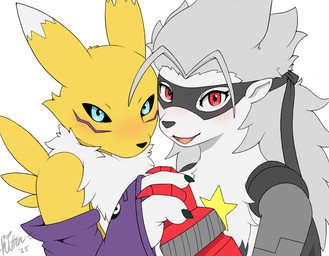 anthro armwear blue_eyes blush clothing cybernetic_arm cybernetic_limb duo elbow_gloves female fur gloves grey_body grey_fur grey_hair hair handwear mask mechanical_arm open_mouth red_eyes simple_background star white_background white_body white_fur yellow_body yellow_fur kurimucat bandai_namco digimon digimon_beatbreak digimon_(species) renamon wolvermon 2025 digital_media_(artwork) hi_res