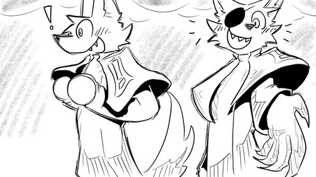 anthro blush cape clothing cloud excited extending_hand eye_patch eyewear hand_out male sharp_teeth smile solo teeth dragonweirdo kimera_(dragonweirdo) canid canine canis mammal wolf 16:9 hi_res monochrome widescreen