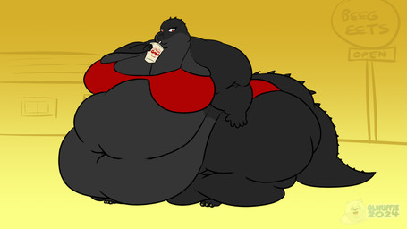 3_toes 5_fingers anthro belly big_belly big_breasts big_butt black_body bra breasts building butt claws cleavage clothed clothing container cup deep_navel drinking drinking_straw feet female fingers grey_claws holding_object huge_belly huge_breasts huge_butt hyper hyper_belly hyper_butt morbidly_obese morbidly_obese_anthro morbidly_obese_female navel obese obese_anthro obese_female outside overweight overweight_anthro overweight_female red_eyes sign simple_background solo standing tail toes underwear window yellow_background glwuffie alligator alligatorid crocodilian reptile scalie 16:9 2024 hi_res widescreen