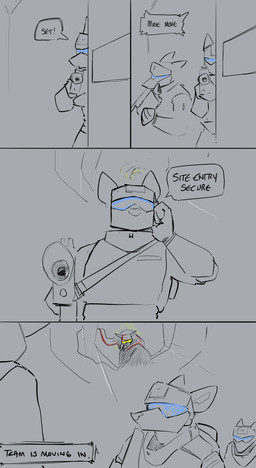anthro armor dialogue group gun headgear helmet male ranged_weapon science_fiction sneaking tactical_gear text weapon topazknight red_(topazknight) absurd_res comic english_text hi_res