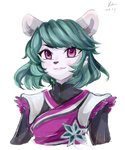 anthro clothed clothing female fur green_hair hair purple_eyes simple_background smile solo white_background white_body white_fur nikoyosan freedom_planet galaxytrail neera_li bear giant_panda mammal 2018 5:6 half-length_portrait portrait