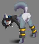 anthro anus backsack balls bent_over biped black_hair bottomless butt clothed clothing eyewear genitals glasses grey_background hair leg_warmers legwear male red_eyes shirt simple_background solo tail topwear dericreation derigrowl helsy_(helsy) canid canine mammal hi_res