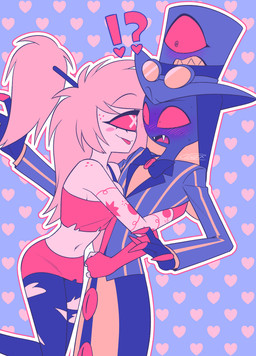 1_eye anthro blush blush_lines blush_stickers blushing_profusely cartoon_freckles clothed clothing duo fangs female freckled_face freckled_shoulders freckles heart_symbol hug interrobang male teeth tongue tongue_out enaic31 hazbin_hotel hellaverse cherri_bomb_(hazbin_hotel) sir_pentious'_hat sir_pentious_(hazbin_hotel) cyclops demon demon_humanoid humanoid reptile scalie snake absurd_res hi_res