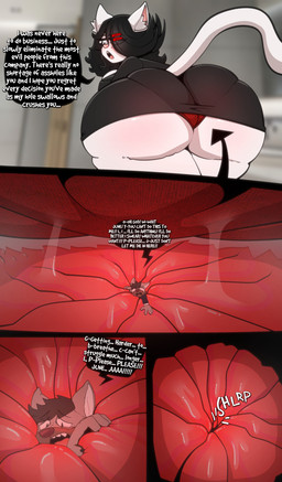 anal anal_penetration anal_vore anthro anus bodily_fluids butt clothed clothing dialogue duo extreme_size_difference female forced fur hair macro male male/female micro partially_inside penetration profanity size_difference tail text tongue vore junethekitty canid canine canis domestic_cat felid feline felis mammal absurd_res comic digital_media_(artwork) english_text hi_res