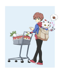 ambiguous_gender anthro backpack claws clothing duo facial_horn food hoodie horn hungry male nose_horn shopping shopping_cart simple_background topwear white_body yellow_eyes maki_shuichi bandai_namco digimon digimon_ghost_game hiro_amanokawa ceratopsian digimon_(species) dinosaur gammamon human mammal ornithischian prehistoric_species reptile scalie hi_res