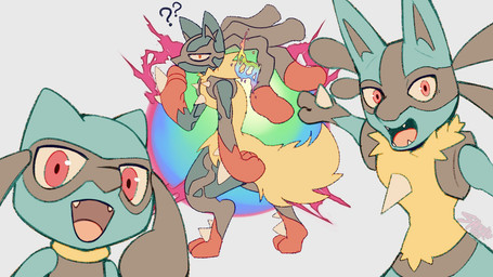 ambiguous_gender anthro blue_body blue_fur fur gesture grey_background group hand_gesture happy humor looking_at_viewer open_mouth open_smile pointing question_mark red_eyes simple_background smile darkluxia nintendo pokemon two_soyjaks_pointing generation_4_pokemon generation_6_pokemon lucario mega_evolution mega_lucario pokemon_(species) riolu 16:9 hi_res meme widescreen
