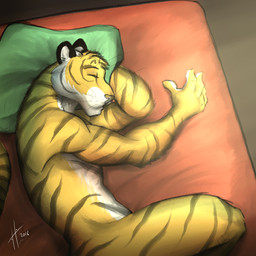 anthro bed black_ears eyes_closed facial_markings fur furniture head_markings lying male male_anthro markings mouth_closed nude on_bed on_side pillow side_view sleeping solo striped_arms striped_body striped_face striped_fur striped_legs striped_markings striped_tail stripes tail tail_markings whiskers hufnaar ulbrek felid mammal pantherine tiger 1:1 2016 absurd_res dated hi_res