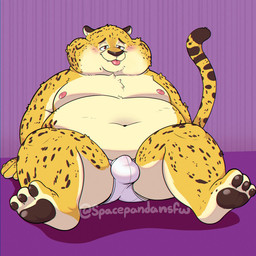 anthro belly big_belly blush bulge clothing male moobs navel nipples overweight overweight_male sitting solo tongue tongue_out underwear spacepanda disney zootopia benjamin_clawhauser cheetah felid feline mammal 1:1 2025 hi_res