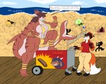 accessory anthro beach beach_background beach_blanket beach_towel bikini black_hair blue_eyes brown_hair clothing delivery_(commerce) delivery_employee dichromatic_eyes ear_piercing ear_ring female food_carrier food_cart food_delivery fur furgonomics furry-specific_piercing hair jewelry male muscular muscular_anthro muscular_female navel navel_piercing orange_body orange_fur piercing ring ring_piercing scar size_difference stripes stuffing swimwear tail tail_accessory tail_jewelry tail_piercing tail_ring_(piercing) tan_body text towel two-piece_swimsuit weight_gain dirtymac canid canine fish fox mammal marine red_fox shark true_fox vulpin 5:4 absurd_res english_text hi_res