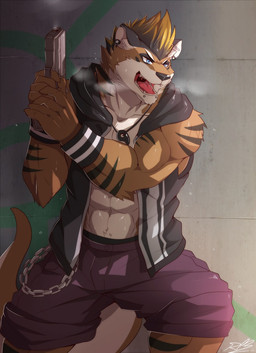 2014 abs anthro biceps black_fur black_hair black_nose blonde_hair blue_eyes body_markings breath brown_fur chain clothing ear_piercing fangs feline fur grin gun hair kyo_(character) male mammal markings muscles mustelid necklace open_mouth open_shirt otter pecs piercing pose rabbity ranged_weapon shirt shorts smile solo standing stripes teeth tiger toned tongue weapon wristband
Rating: Safe
Score: 8
User: Za-Mikale
Date: July 03, 2014 2014 abs anthro biceps black_fur black_hair black_nose blonde_hair blue_eyes body_markings breath brown_fur chain clothing ear_piercing fangs feline fur grin gun hair kyo_(character) male mammal markings muscles mustelid necklace open_mouth open_shirt otter pecs piercing pose rabbity ranged_weapon shirt shorts smile solo standing stripes teeth tiger toned tongue weapon wristband
Rating: Safe
Score: 8
User: Za-Mikale
Date: July 03, 2014
