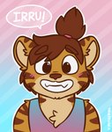 ambiguous_gender anthro blush brown_hair cheek_marks chibi clothed clothing curled_hair hair long_hair looking_at_viewer male markings open_mouth ponytail shirt simple_background smile solo striped_markings stripes tank_top text topwear mytigertail gabe_(mytigertail) felid mammal pantherine tiger digital_media_(artwork) headshot_portrait hi_res portrait portuguese_text