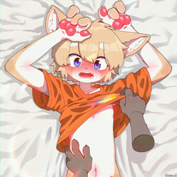 4_fingers anthro assisted_exposure belly biped blonde_hair blue_eyes blush blushing_at_viewer blushing_profusely brown_hands claws clothed clothing clothing_lift clothing_pull cute_fangs disembodied_hand duo exposed_belly exposed_chest eyebrow_through_hair eyebrows fangs fingers first_person_view fur hair hand_on_belly hand_on_partner inner_ear_fluff kemono looking_at_viewer lying male multicolored_body multicolored_fur navel on_back open_mouth orange_body orange_clothing orange_fur orange_shirt orange_topwear pawpads rainbow raised_arm raised_arms shirt shirt_lift shirt_pull shota solo_focus tail teeth topwear topwear_pull translucent translucent_hair tuft two_tone_body two_tone_fur white_belly white_body white_chest white_eyebrows white_fur white_inner_ear_fluff young young_anthro young_male tabby_x2 tabby_(tabby_x2) domestic_cat felid feline felis mammal tabby_cat 1:1 absurd_res hi_res