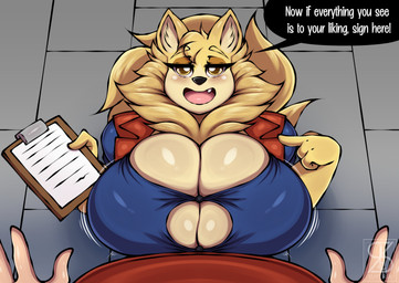 anthro big_breasts blonde_eyebrows breasts button_(fastener) duo eyebrows female fingers first_person_view fur gesture hand_gesture holding_object huge_breasts human_pov offscreen_character open_mouth pointing straining_buttons text tongue yellow_body yellow_eyes yellow_fur superix adelina_(superix) canid canine canis domestic_dog human mammal pomeranian spitz 2023 absurd_res english_text hi_res