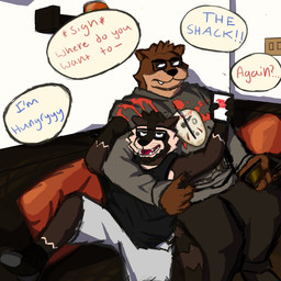 anthro duo electronics eyewear furniture glasses holding_object holding_phone hug male male/male phone pillow sitting sofa the_shack buster915 mammal mustelid otter procyonid raccoon 1:1 absurd_res hi_res