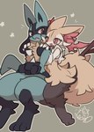 absurd_res ambiguous_gender anthro black_body black_fur blue_body blue_fur braixen duo eye_contact fur generation_4_pokemon generation_6_pokemon hi_res inner_ear_fluff looking_at_another lucario navel nintendo nyaswitchnya open_mouth pokemon pokemon_(species) red_eyes simple_background tail tuft white_body white_fur yellow_body yellow_fur