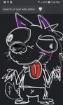 anthro black_background black_body chalk clothed clothing confusion fur male pantsless partially_clothed screencap scribbles silly_face simple_background solo text tongue tongue_out white_body white_fur white_line_art <vampirefuuucker> scribbles_(character) canid canine canis humanoid hybrid mammal wolfdog colored_line_art english_text sketch