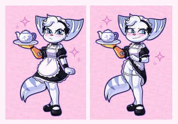 anthro blush bottomwear clothed clothing clothing_lift dress female fluffy fluffy_tail footwear genitals maid_uniform markings panties panties_down partially_clothed pouting prosthetic prosthetic_arm prosthetic_limb serving_platter shoes shy shy_smile skirt skirt_lift solo striped_markings striped_tail stripes tail tail_markings underwear underwear_down uniform vulva lou_lubally ratchet_and_clank sony_corporation sony_interactive_entertainment rivet_(ratchet_and_clank) lombax mammal absurd_res hi_res