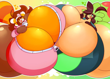 accessory ahoge anthro bell big_breasts big_butt breast_squish breasts breasts_frottage brown_body brown_hair butt clothed clothing collarbone duo eyelashes eyewear female fingers glasses green_eyes hair heart_symbol huge_breasts huge_butt hyper hyper_breasts hyper_butt multicolored_body orange_body simple_background squish tail tan_body tongue tongue_out topwear manicorange nintendo pokemon manicorange_(character) ailurid chespin generation_6_pokemon mammal pokemon_(species) red_panda 2026 absurd_res character_request digital_drawing_(artwork) digital_media_(artwork) hi_res