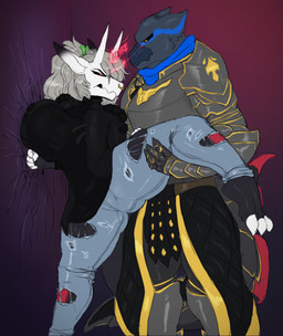 angry anthro armor bottomwear clothing cracked_wall denim denim_bottomwear denim_clothing duo female glare jacket jeans leg_grab male male/female markings pants topwear sabbasarts capcom monster_hunter nintendo pokemon titanium_(aggrontitanium) vayhl'ayne_(vahlyance) aggron flying_wyvern generation_3_pokemon hybrid nargacuga pokemon_(species) hi_res