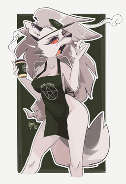 anthro apron apron_only breasts cleavage clothed clothing container cup ear_piercing fangs female fur hair half-closed_eyes holding_container holding_cup holding_object narrowed_eyes notched_ear occult_symbol open_mouth parody partially_clothed pentagram piercing red_eyes solo standing symbol tail teeth tongue edtropolis hellaverse helluva_boss mythology starbucks loona_(helluva_boss) canid canid_demon canine demon hellhound mammal mythological_canine mythological_creature 2025 hi_res signature