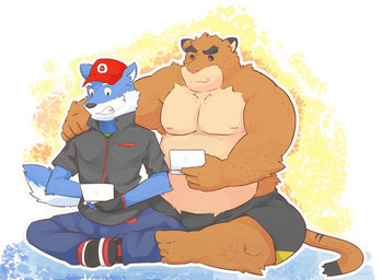 anthro belly blue_body blue_fur bottomwear brown_body brown_fur clothing duo electronics fur game_console gaming hat headgear headwear humanoid_hands kemono male overweight overweight_male pants playing_video_game shirt shorts sitting topwear white_body white_fur andikapatok nintendo nintendo_ds nintendo_ds_family canid canine canis felid feline mammal wolf 2015