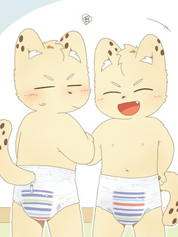 anthro clean_diaper clothed clothing diaper diaper_only duo fur hair male markings pull-ups_(diaper) smile spots spotted_body spotted_fur tail topless wearing_diaper sayama_nekosuke cheetah felid feline mammal 3:4 digital_media_(artwork) hi_res