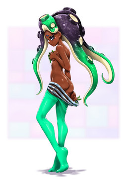 breasts bubble_butt butt clothed clothing covering covering_breasts female glistening glistening_butt legwear medium_breasts not_furry pseudo_hair rear_view simple_background slim solo tentacle_hair tentacles tights topless undressing white_background koharuno2 nintendo splatoon marina_(splatoon) aquatic cephalopod humanoid mollusk octarian octoling hi_res