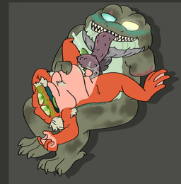 amputee anal anthro blush bodily_fluids cum disability duo facial_scar genital_fluids grimepop long_tongue looking_pleasured male male/male oral overweight overweight_male rimming scar sex sharp_teeth size_difference teeth tongue chimeracocks amphibia_(series) disney captain_grime hop_pop amphibian frog toad_(frog) absurd_res hi_res