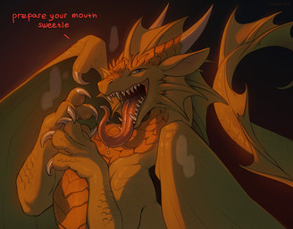 4_fingers ambiguous_gender blue_eyes bodily_fluids claws dialogue drooling fangs feral finger_claws fingers front_view horn looking_at_viewer open_mouth saliva saliva_string scales simple_background solo talking_to_viewer teeth text tongue tongue_out wings yellow_body yellow_scales yellow_wings hioshiru mythology krom4eg dragon mythological_creature mythological_scalie scalie 2025 digital_drawing_(artwork) digital_media_(artwork) english_text