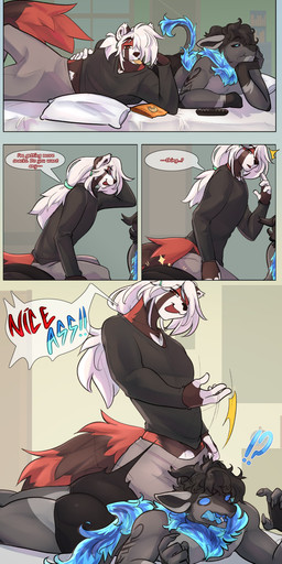 anthro bed bottomwear butt butt_slap clothing duo eating eating_food furniture male male/male pants pillow shirt shocked slap smile text topwear underwear xryuiji_(character) rocketdroolz mythology reed_thomas_(inu-sama) ailurid demon dragon mammal mythological_creature mythological_scalie red_panda scalie absurd_res hi_res