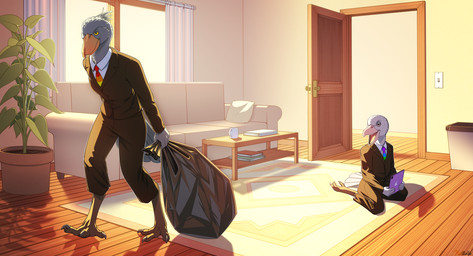 accessory ambiguous_gender anthro bag book coffee_mug coffee_table door duo female floor furniture happy inside light_switch multicolored_necktie necktie open_door open_mouth pillow plant plant_pot potted_plant rainbow_necktie rug shoebill_(rainbow_shoebill) sitting sofa standing table tablet trash_bag trash_can window window_curtains wood wood_floor conditional_dnp ratte avian bird pelecaniform shoebill 2026 absurd_res hi_res signature